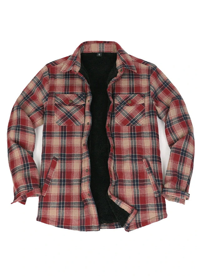 Front view of red and khaki men's plaid fleece lined flannel shirt jacket