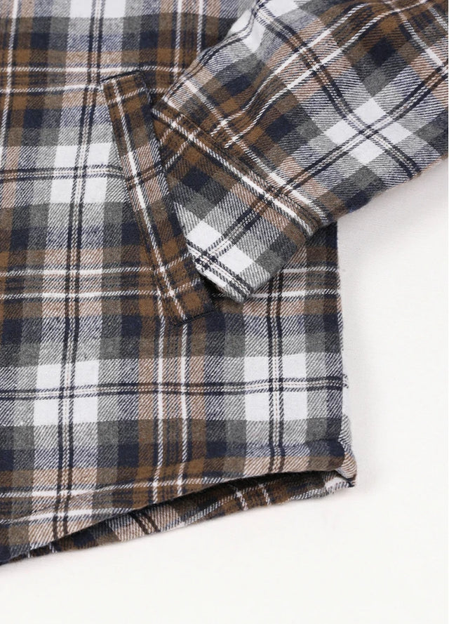 Close-up of the handpocket of a coffee white men's warm sherpa lined plaid flannel jacket