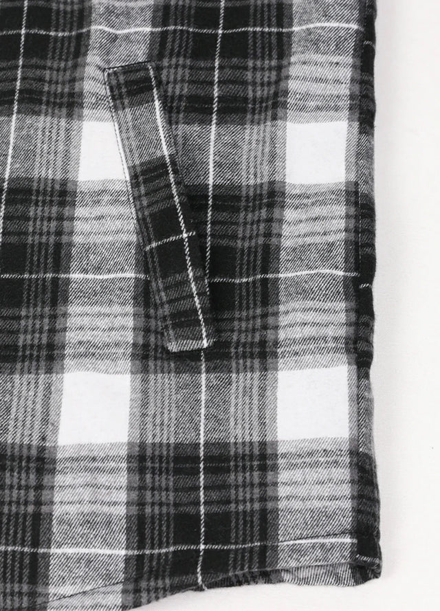 Close-up of the hand pocket of the gray white men's stylish flannel shirt jacket