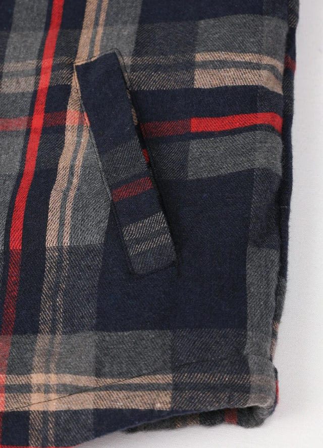 Close-up of the handpocket of the navy and khaki men's plaid flannel shirt jacket