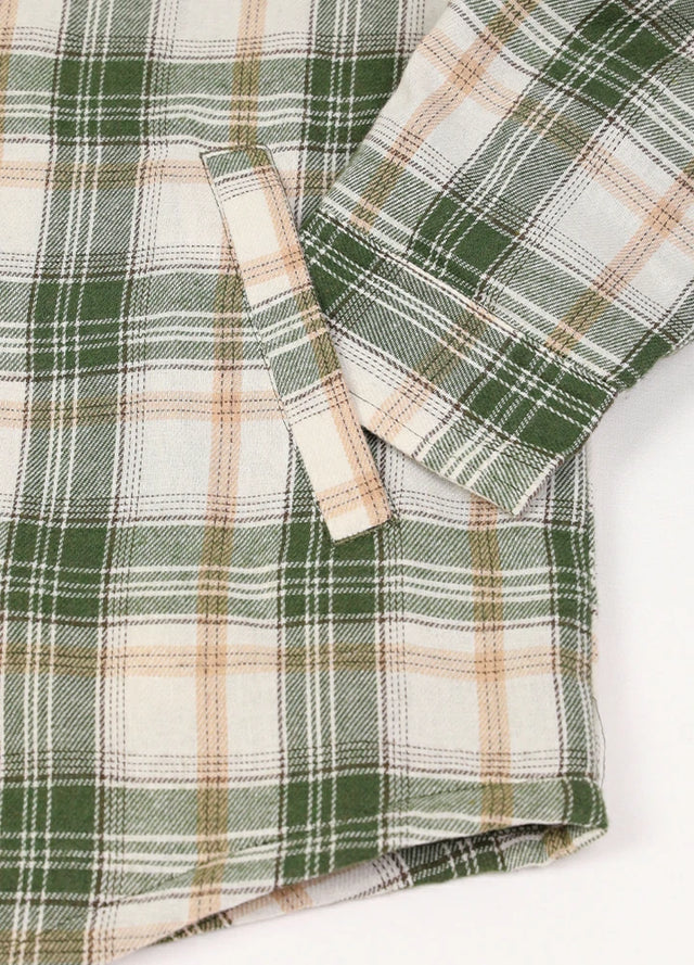 Close-up of the handpocket of green white men's sherpa lined flannel plaid jacket