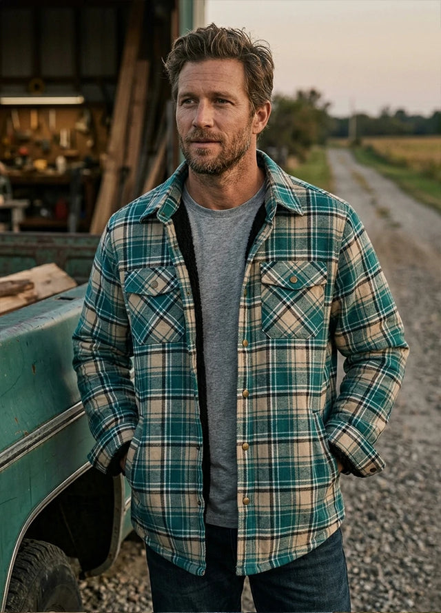 Lifestyle view of a man wearing khaki turquoise men's snap front flannel shirt jacket sherpa-lined plaid shacket-XR163KT-S,XR163KT-M,XR163KT-L,XR163KT-XL,XR163KT-XXL,XR163KT-3XL