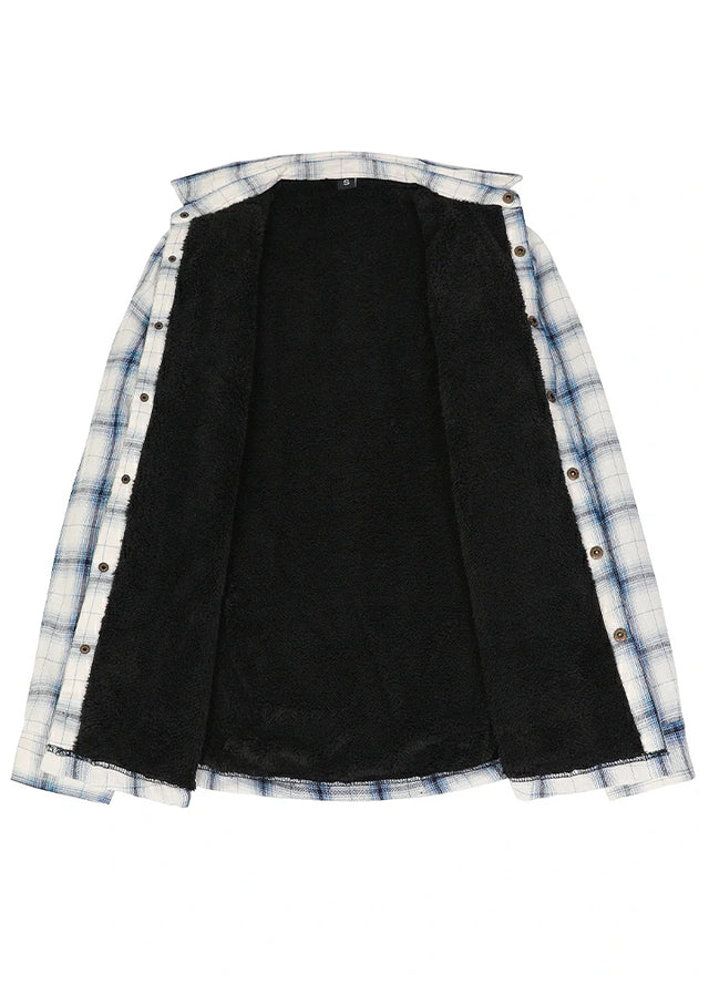 Front view of the lining of the blue and white plaid fleece lined flannel shacket for men