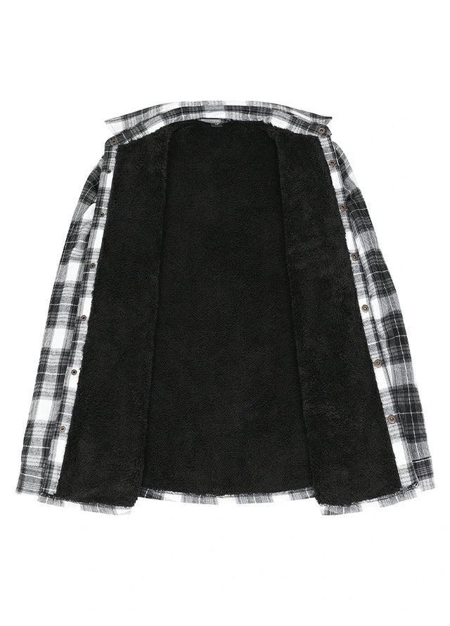 Front view of the lining of the gray white men's stylish flannel shirt jacket