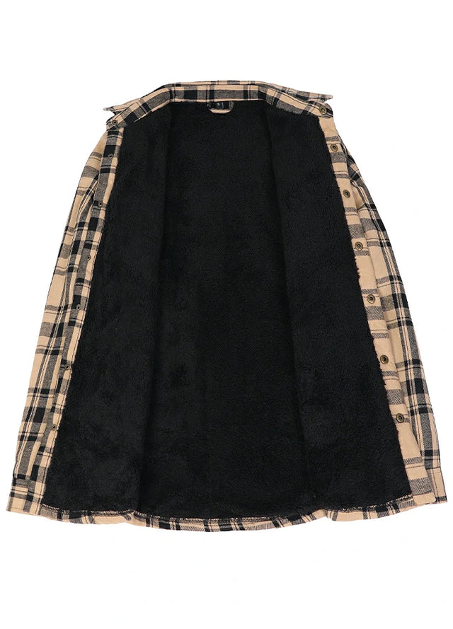 Front view of the lining of men's khaki black warm sherpa lined flannel shacket