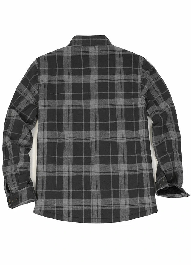 Back view of gray men's sherpa lined flannel shirt jacket