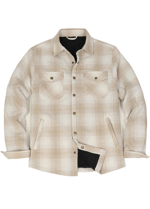 Front view of snap button closed khaki beige men's snap button cotton flannel jacket