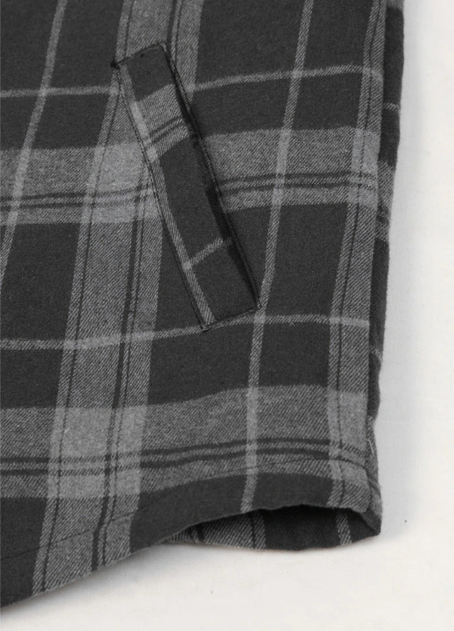 Close-up of the hand pocket of gray men's warm flannel jacket with sherpa lining