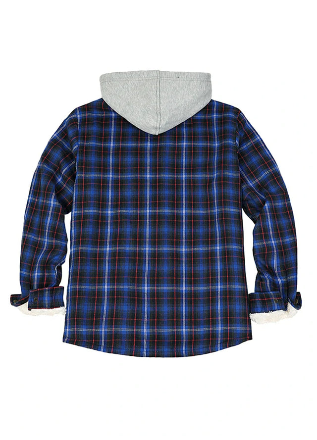 Back view of the blue men's stylish hooded jacket with sherpa lining