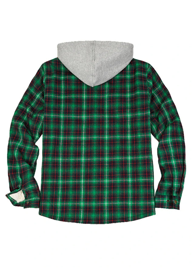 Back view of the green men's snap button hooded jacket