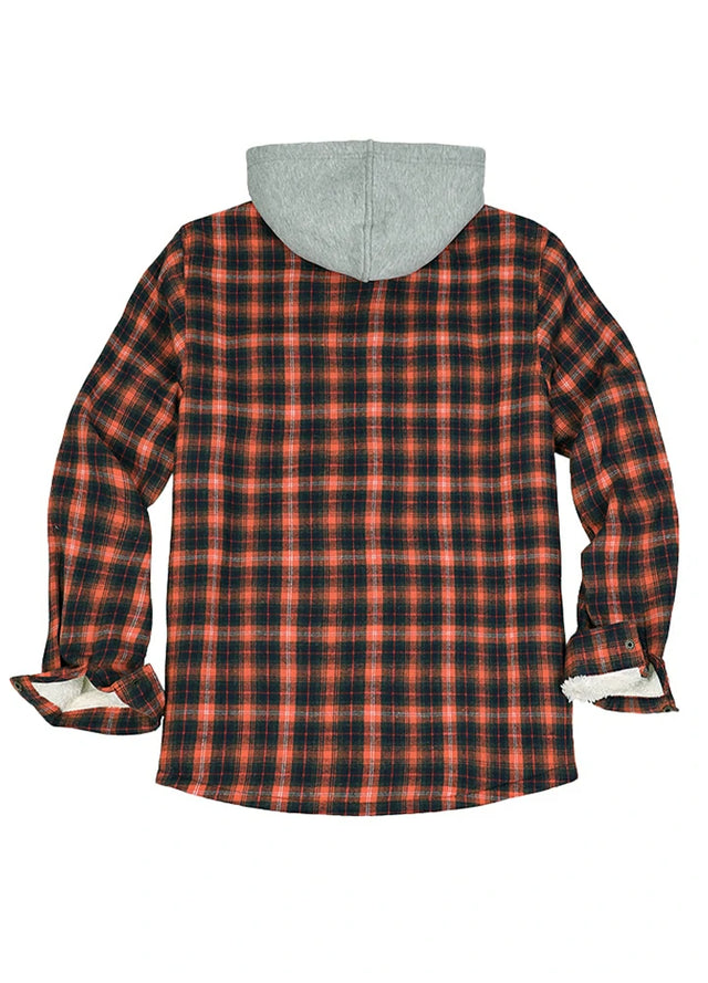 Back view of the orange navy sherpa lined hooded jacket for men