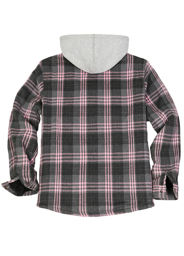 Back view of the pink men's sherpa lined jacket with removable hood