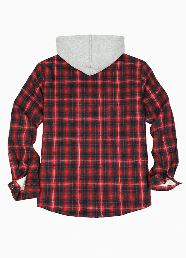 Back view of the red men's warm sherpa lined jacket with removable hood