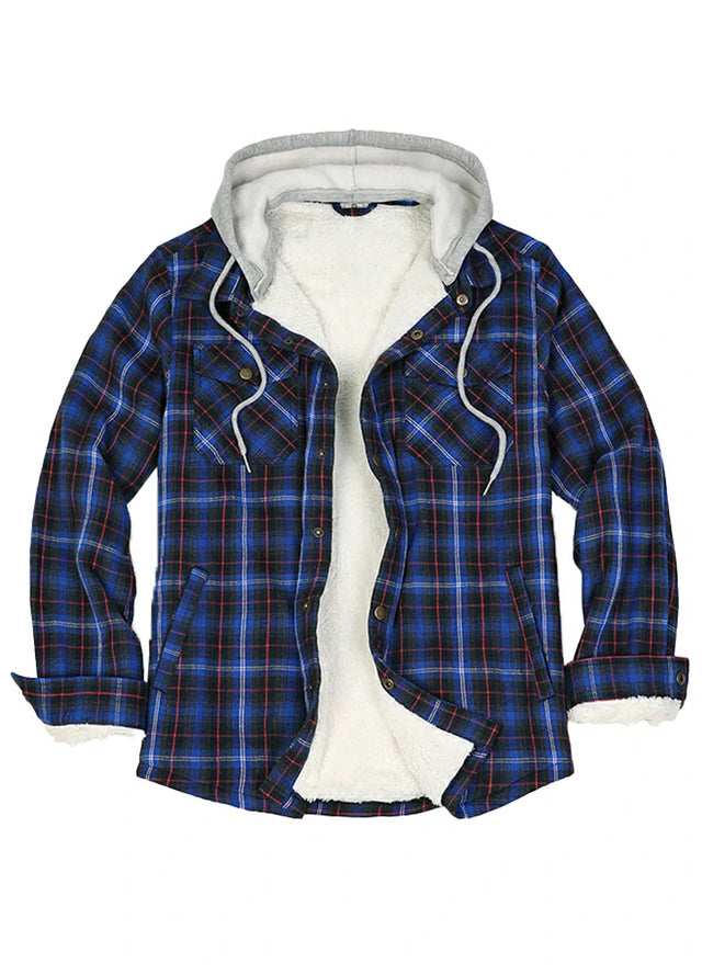 Front view of the blue men's stylish hooded jacket with sherpa lining
