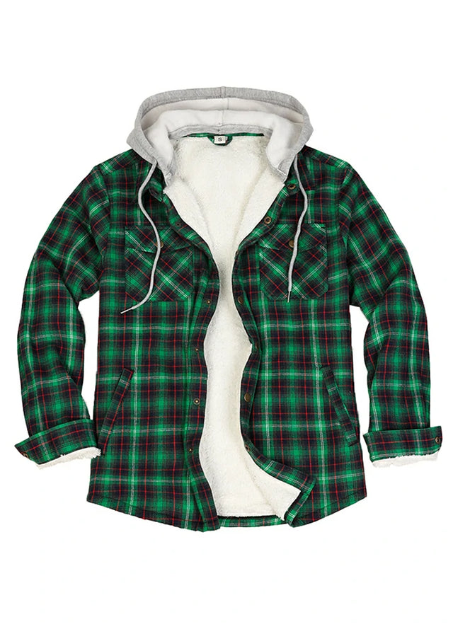 Front view of the green men's snap button hooded jacket