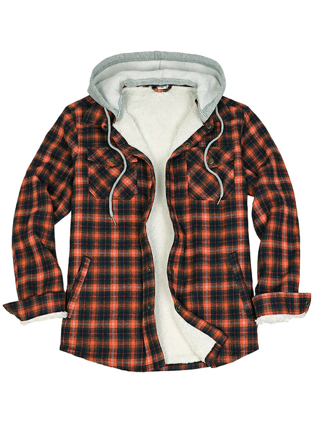 Front view of the orange navy sherpa lined hooded jacket for men
