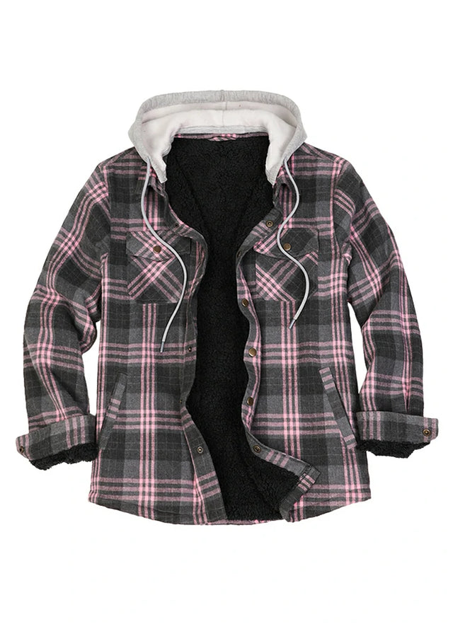 Front view of the pink men's sherpa-lined jacket with removable hood