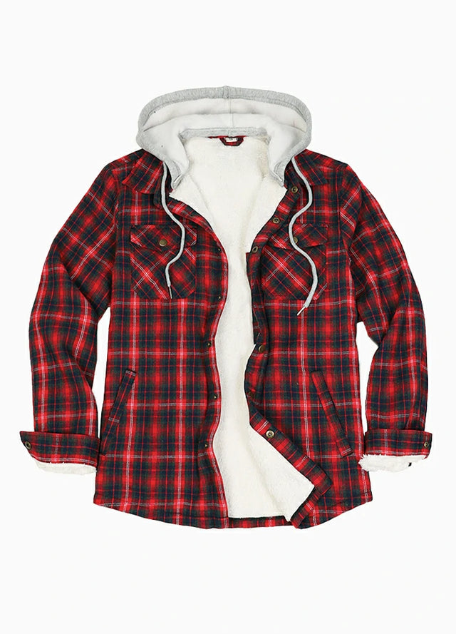 Front view of the red men's warm sherpa lined jacket with removable hood
