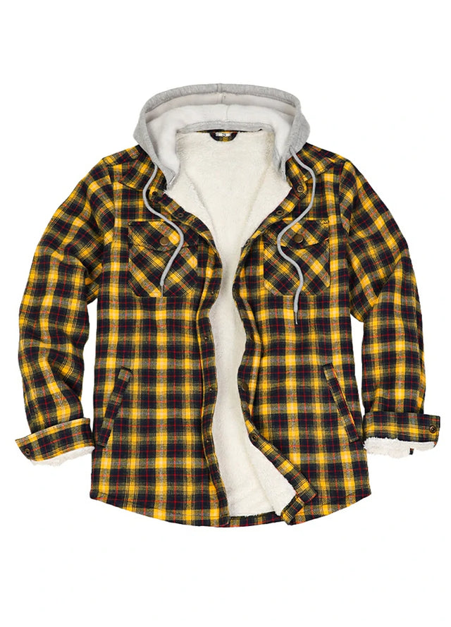 Front view of the yellow navy men's durable sherpa lined hooded jacket