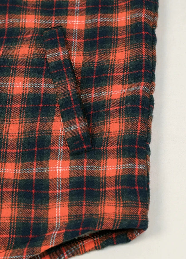 Detailed view of the hand pocket of the orange navy sherpa lined hooded jacket for men