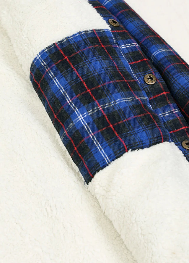Close-up of the inner pocket of the blue men's stylish hooded jacket with sherpa lining