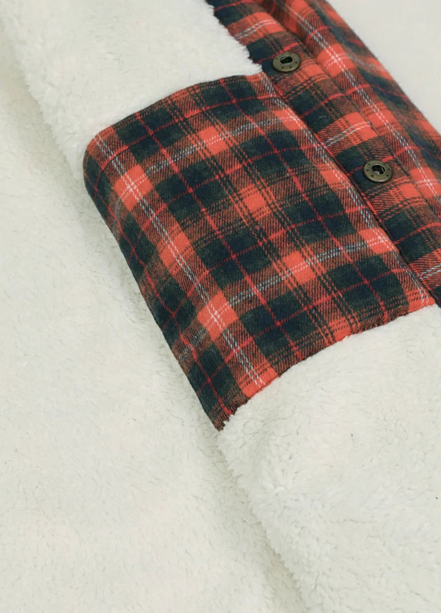 Close-up of the inner pocket of the orange navy sherpa lined hooded jacket for men