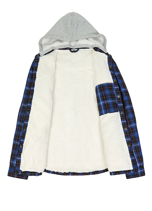 Front view of the lining of the blue men's stylish hooded jacket with sherpa lining