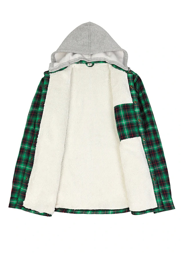 Front view of the lining of the green men's snap button hooded jacket