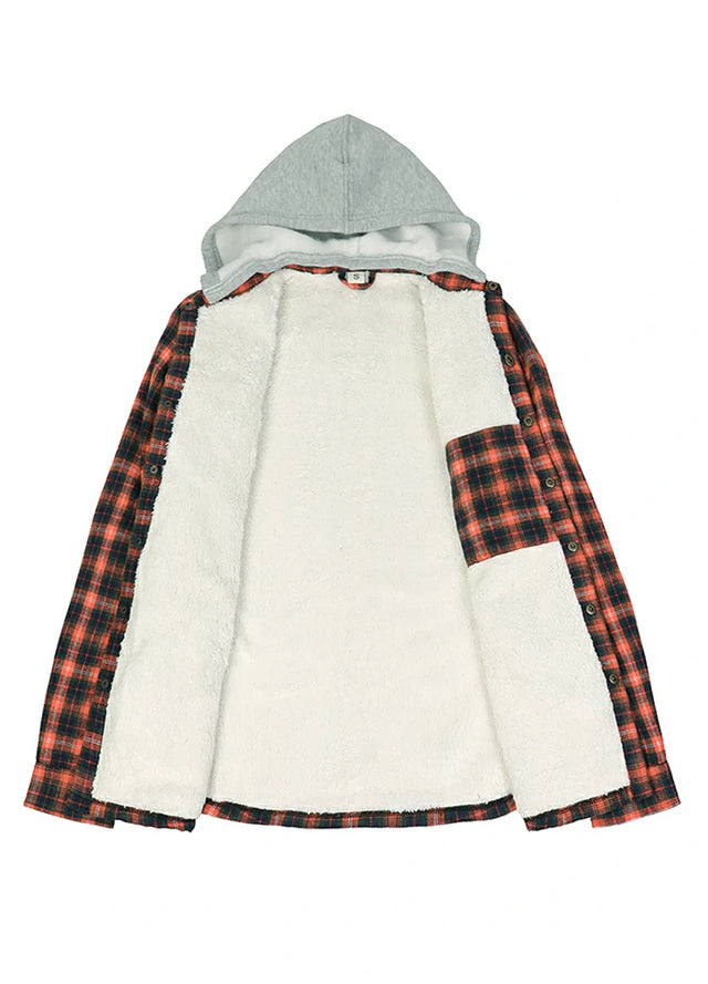 Front view of the lining of the orange navy sherpa lined hooded jacket for men