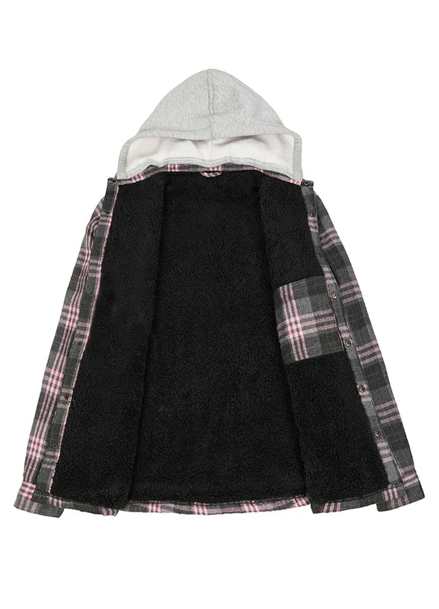 Front view of the lining of the pink men's sherpa-lined jacket with removable hood