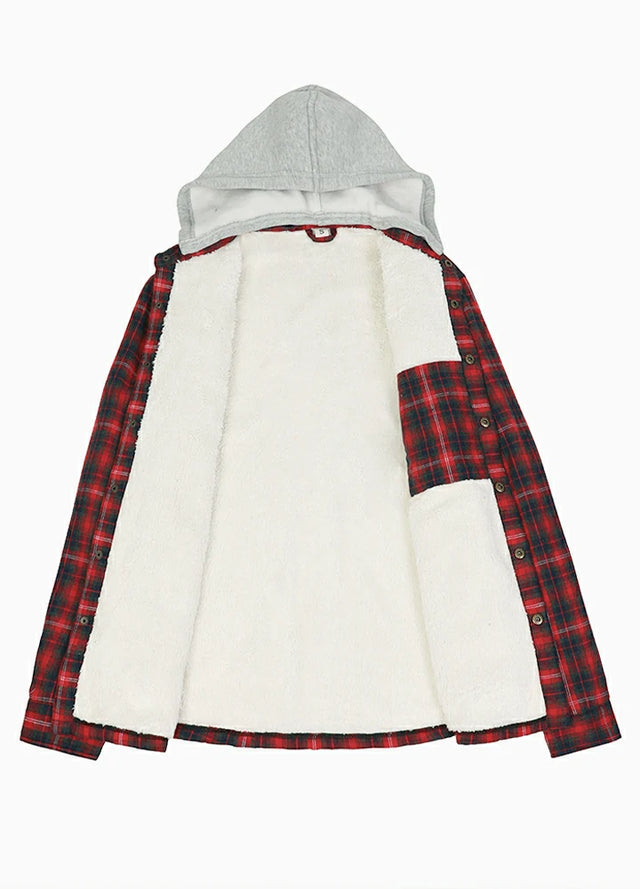 Front view of the lining of the red men's warm sherpa lined jacket with removable hood