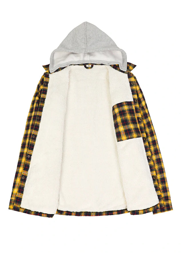 Front view of the lining of the yellow navy men's durable sherpa lined hooded jacket