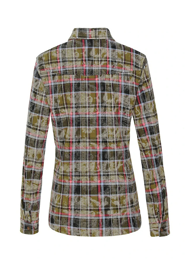 Back view of a women's button-down acid-washed dark green flannel shirt