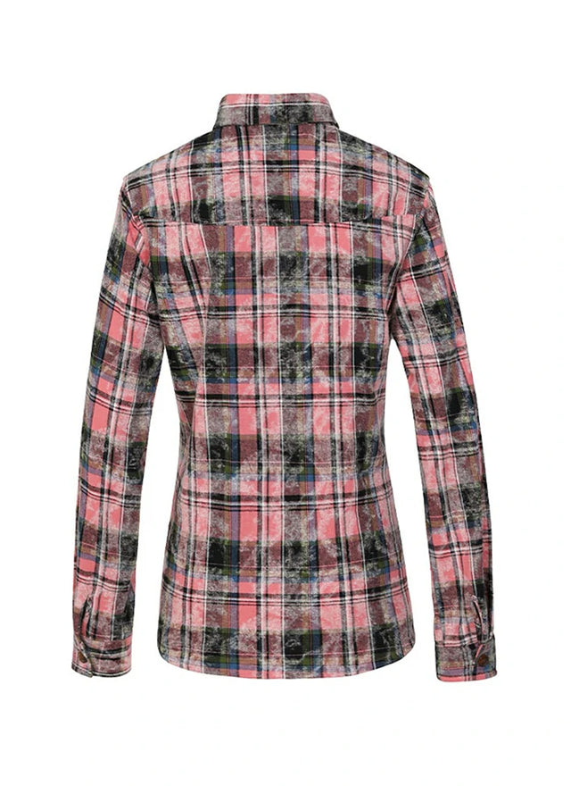 Back view of a women's button-down acid-washed pink flannel shirt