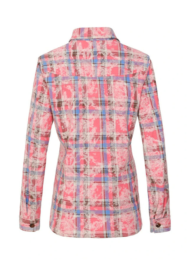 Back view of a women's button-down acid-washed rose pink flannel shirt