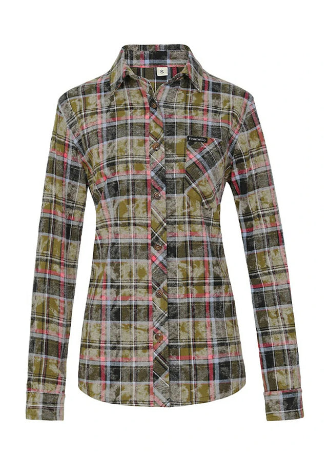 Front view of a Women's dark green plaid acid washed flannel cotton shirt