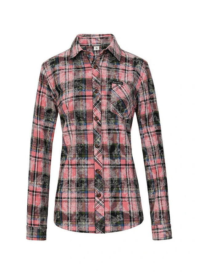 Front view of a Women's pink plaid acid washed flannel cotton shirt