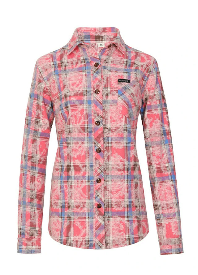 Front view of a Women's rose pink plaid acid washed flannel cotton shirt