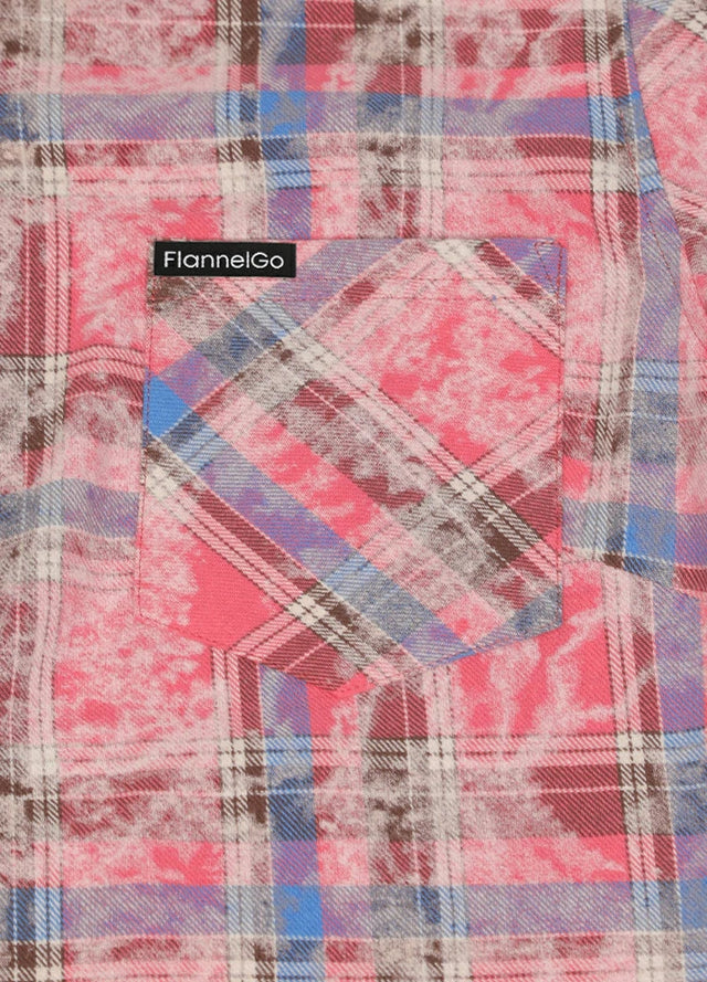 Close-up of the chest pocket on a long sleeves rose pink plaid flannel shirt