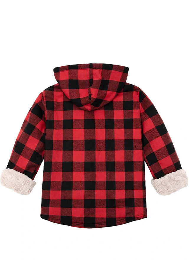 Back view of a boys' red and black hooded plaid flannel shirt jacket