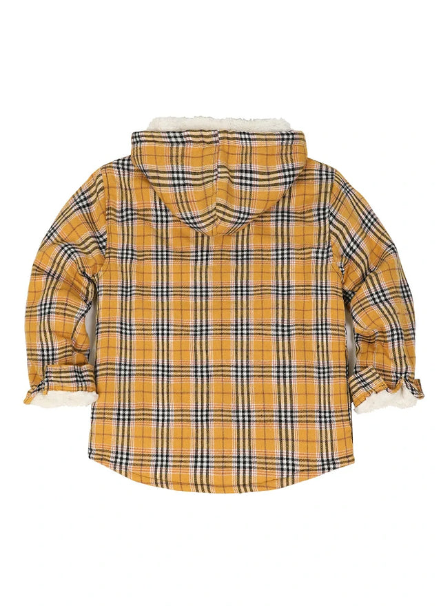 Back view of yellow plaid flannel shirt jacket with hood