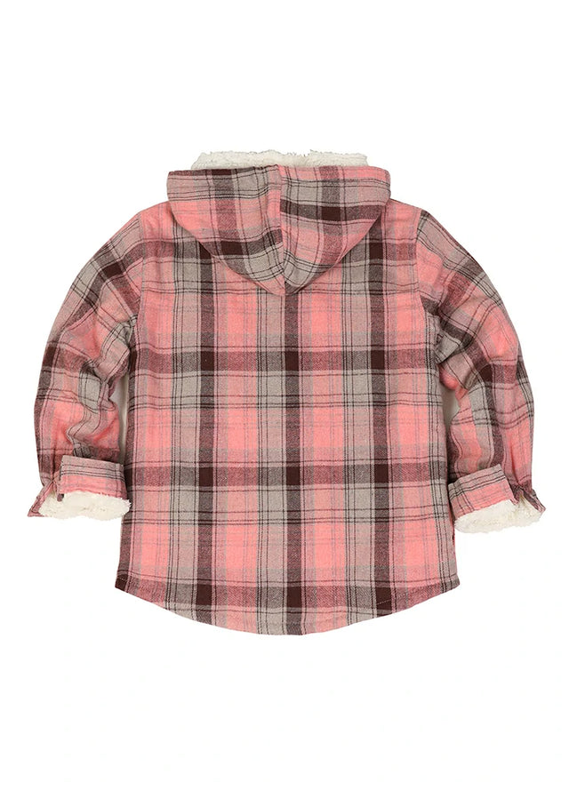 Back view of kids' soft light pink and grey flannel jacket with hood