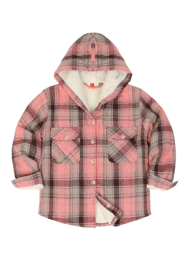 Front view of kids' soft light pink and grey thick flannel jacket