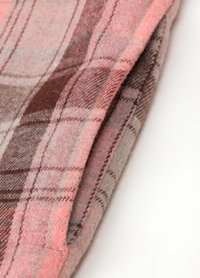 Close-up of kids pink and grey flannel plaid jacket with side pocket