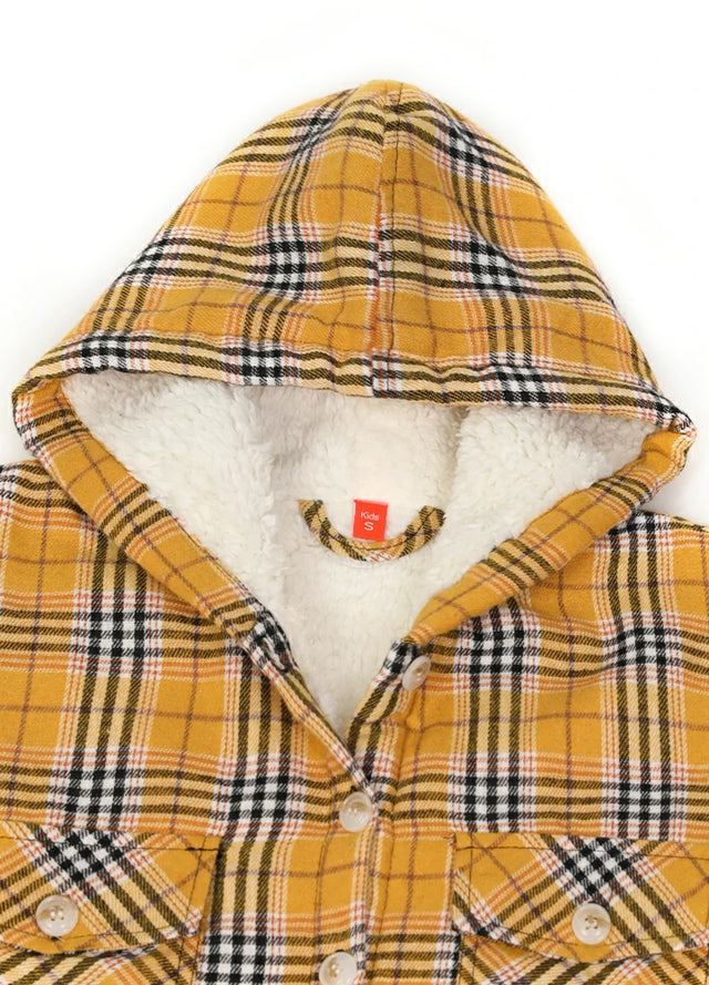 Detail of the hood on a yellow flannel jacket