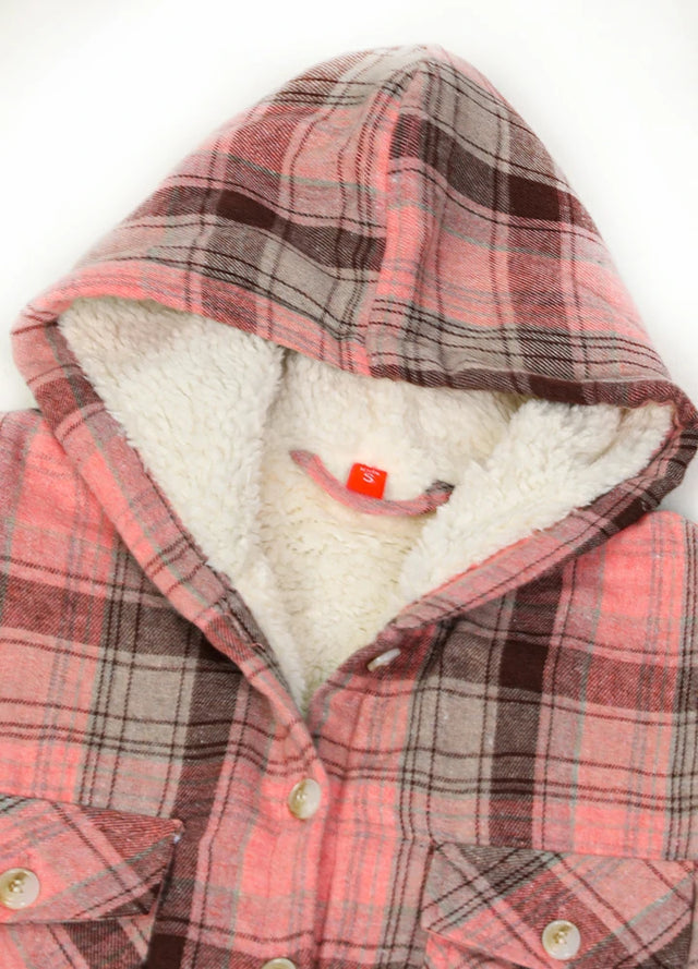 Close-up view of the hood detail on the kids' soft light pink and grey flannel jacket
