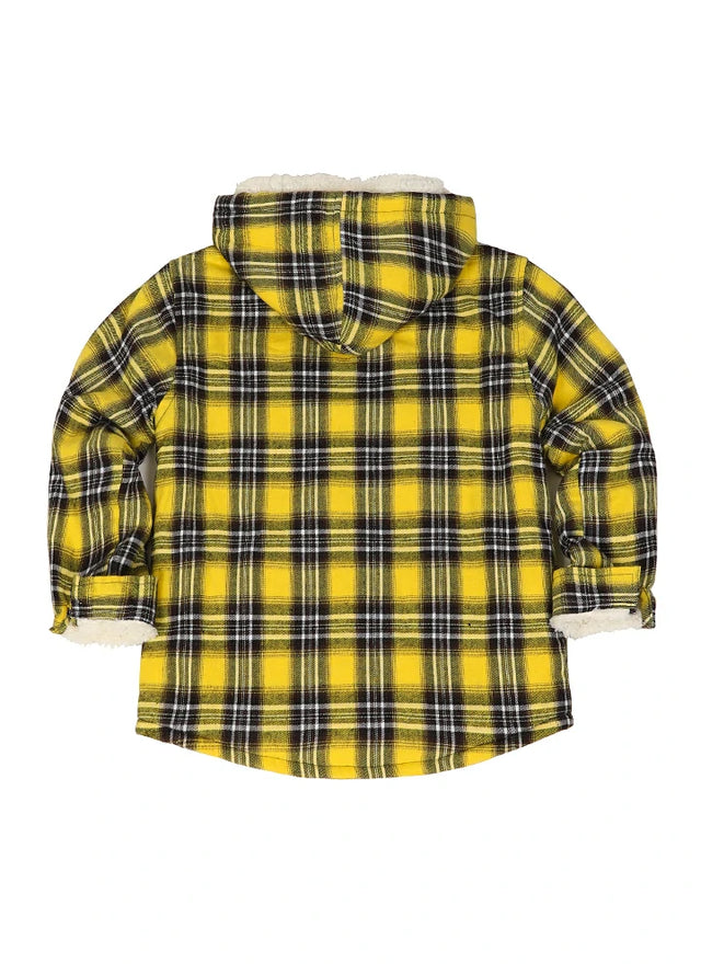 Back view of kids autumn grid plaid light yellow flannel with hood