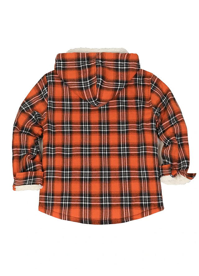 Detail of the back of the kids orange black flannel jacket