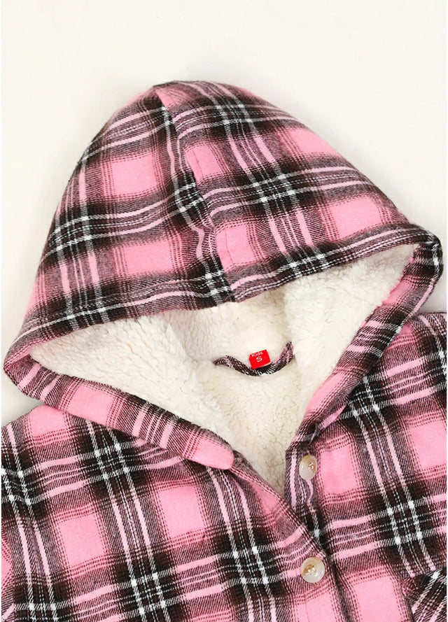 Detailed view of kids pink black flannel jacket with hood