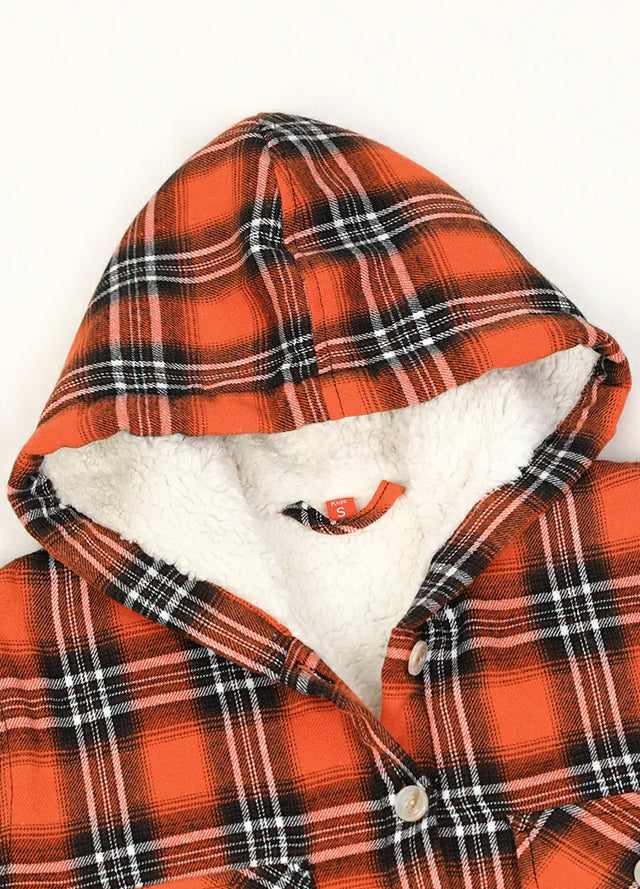 Detail of kids orange black flannel jacket with hood